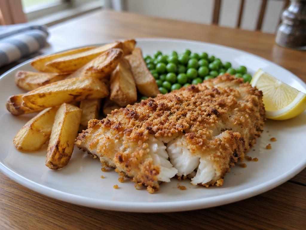 Crispy fish, chips & peas