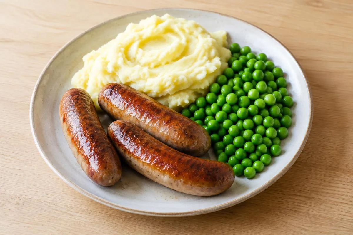 Sausages, mash & peas